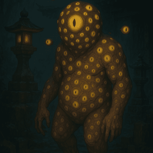 Depiction of Hyakume, the 100-eyed guardian, with countless eyes across its body.
