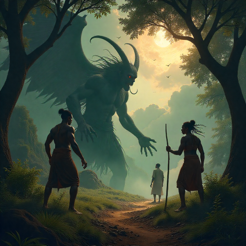 East African mythological scene of Curse of Death showing Warumbe, the bringer of death, emerging from the underworld with a dark, spectral form, confronting Kintu and Nambi