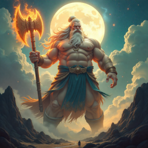 A colossal, muscular giant Pangu stands amid swirling cosmic clouds, holding a massive glowing axe that splits heaven and earth.