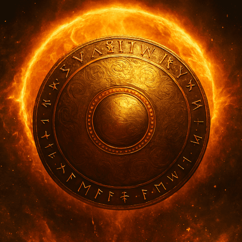 A radiant golden shield named Svalinn floating in front of a blazing sun, inscribed with ancient Norse runes