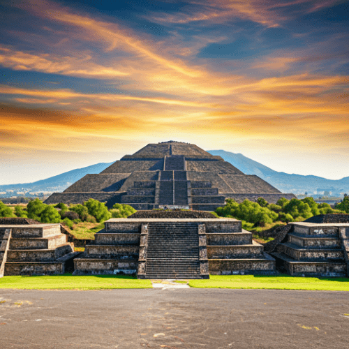 Teotihuacan depicted in detailed art as an ancient Mesoamerican city symbolizing culture, architecture, and spiritual legacy.