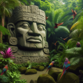 Olmec A rock sculpture in the forest representing Olmec mythology