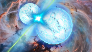 An illustration of merging neutron stars launching high-energy X-rays