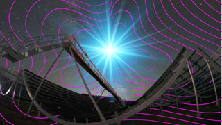 The CHIME instrument and an illustration of radio waves from the early universe